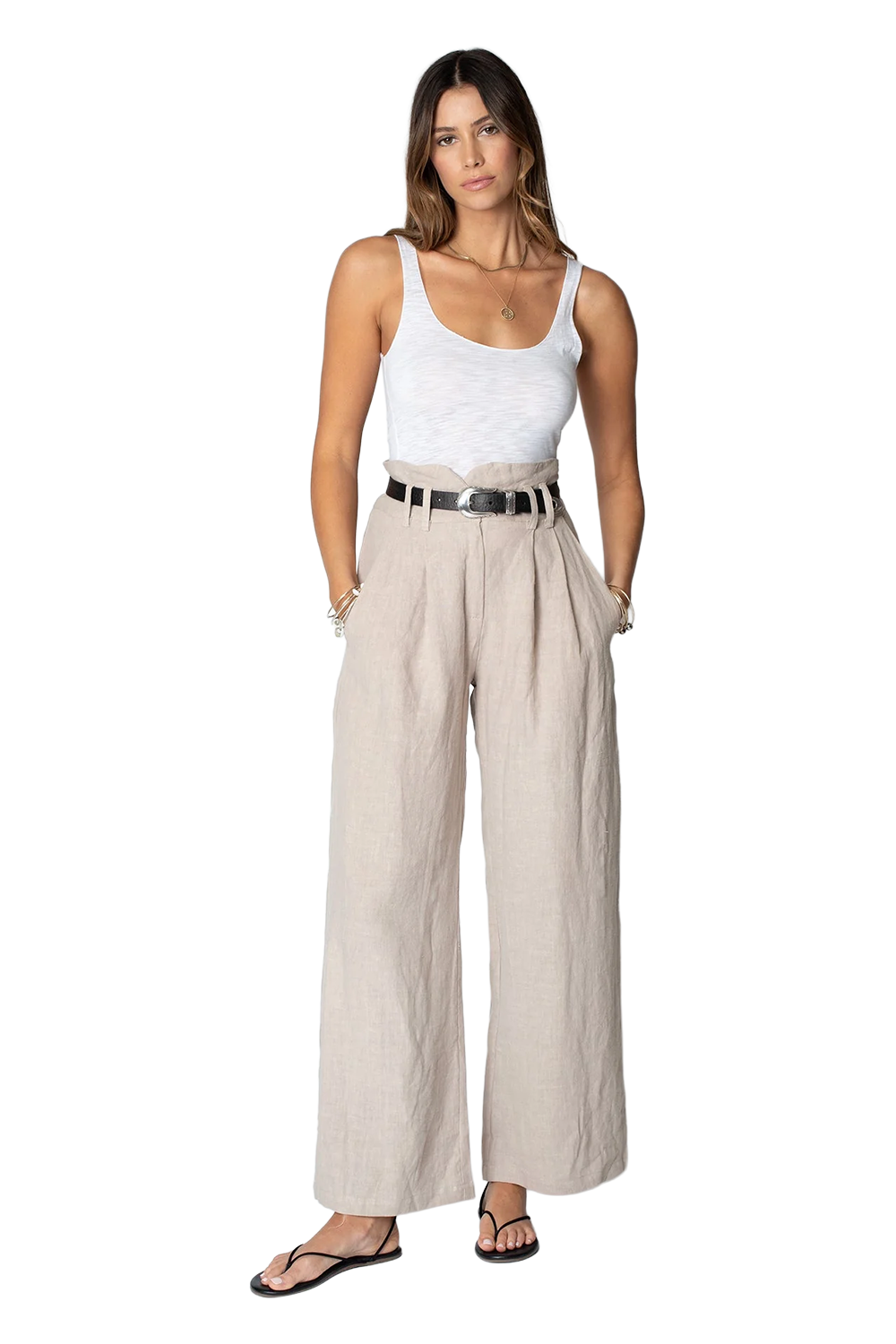 Linen Notch Waist Pant - Sand