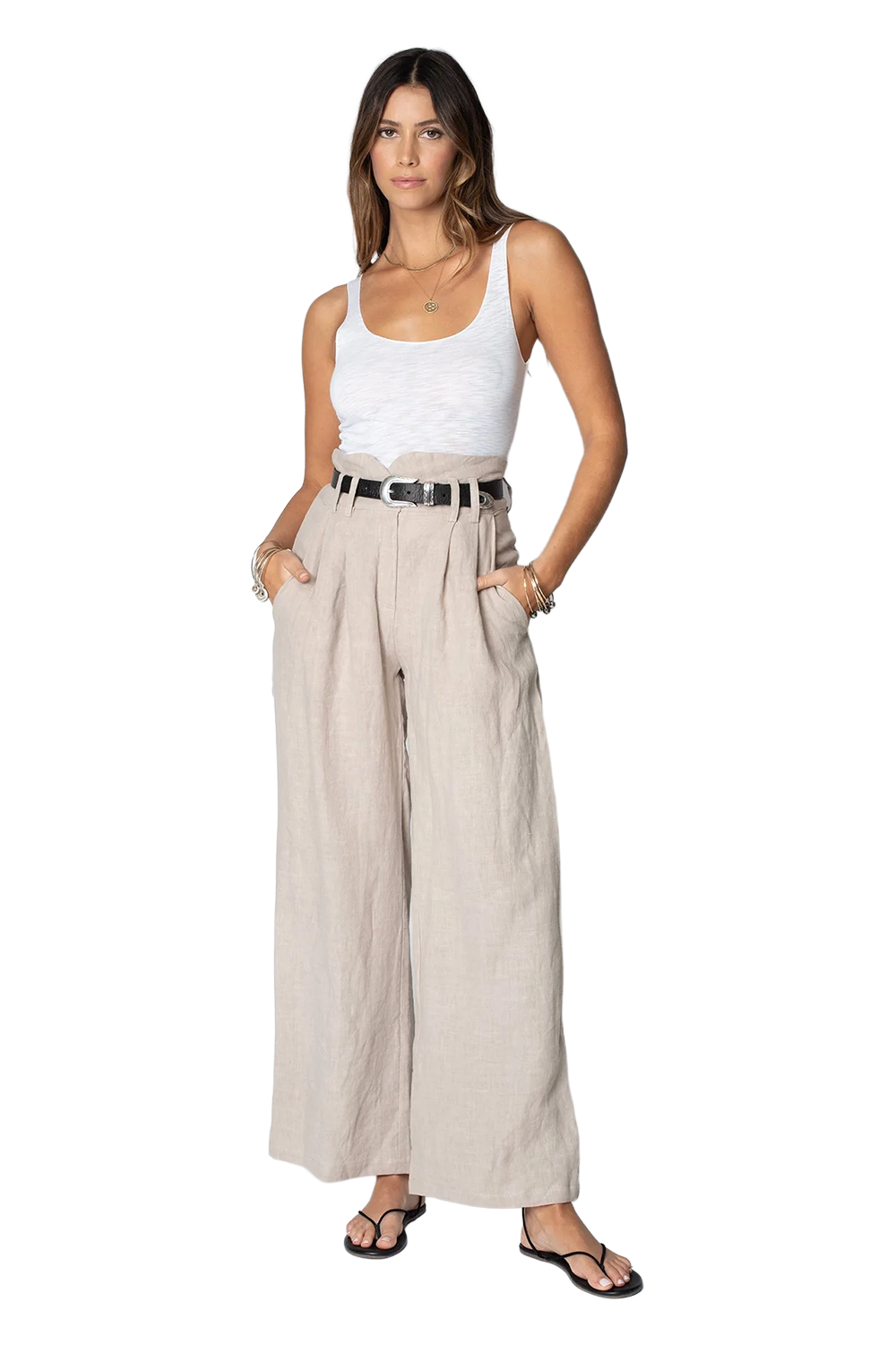 Linen Notch Waist Pant - Sand
